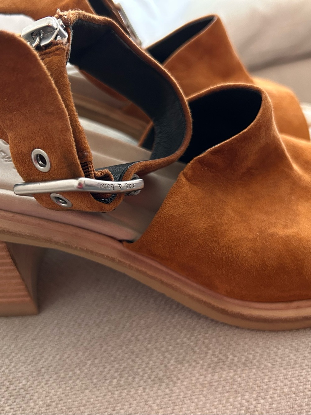 rag & bone Suede Open-Toe Sandals in Cognac/Tan 3 1/2 heel - Picture 5 of 9